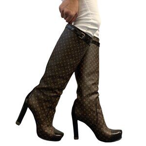 LOUIS VUITTON Vintage LV Monogram Long Boots #37.5 Heels Brown Black [106224]